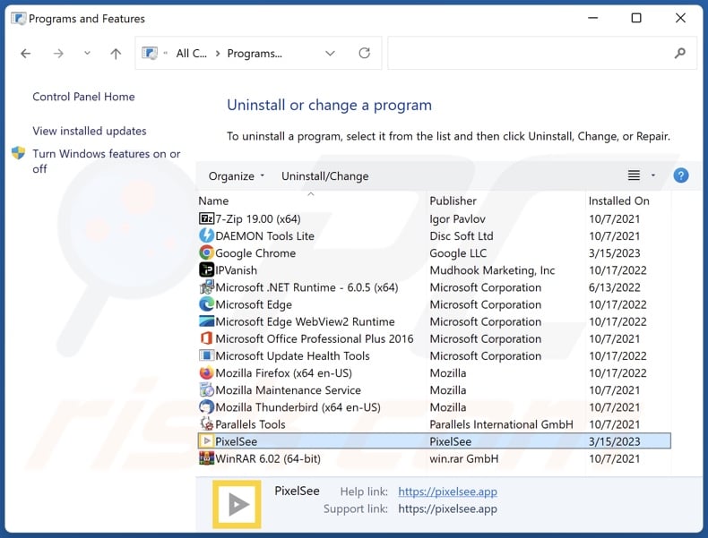 Desinstalación de PixelSee a través del Panel de Control