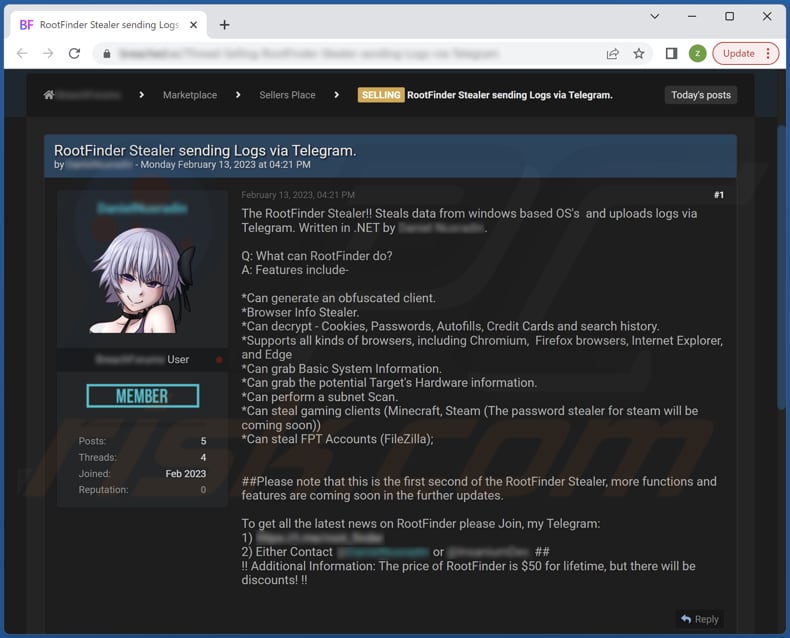 RootFinder stealer promocionado en un foro de hackers