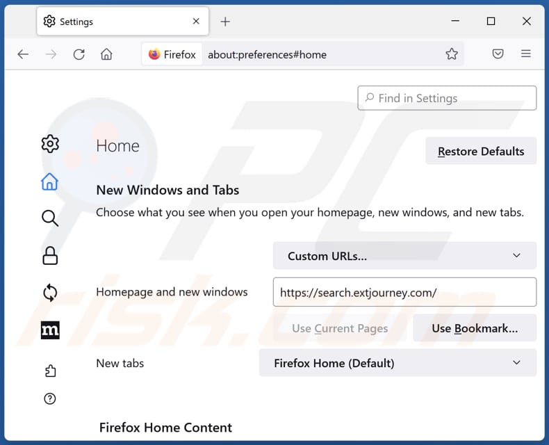 Eliminar search.extjourney.com de la página de inicio de Mozilla Firefox