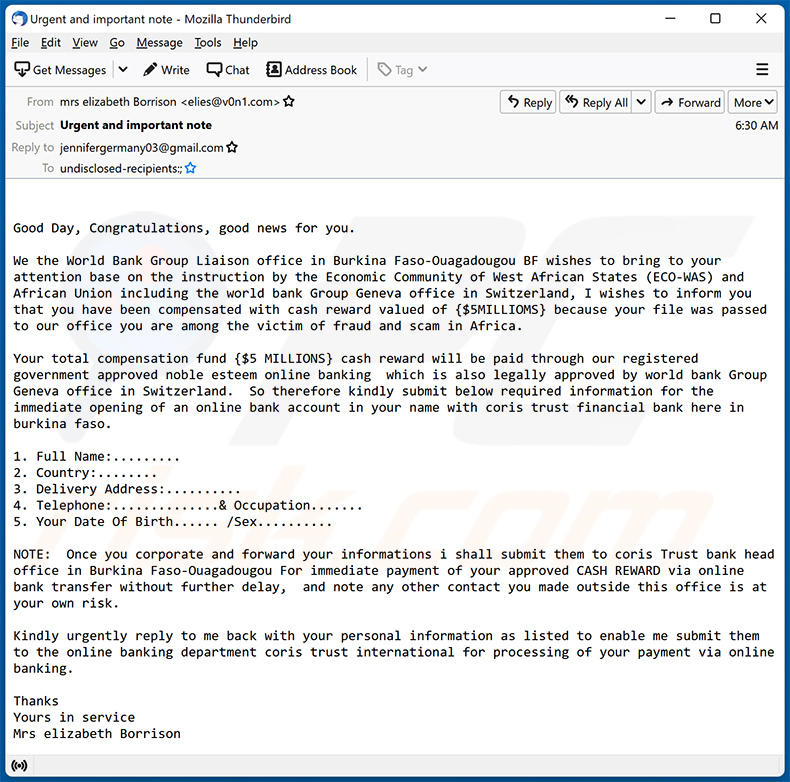 Correo electrónico fraudulento sobre Scam Victim Compensation Funds (2023-03-24)