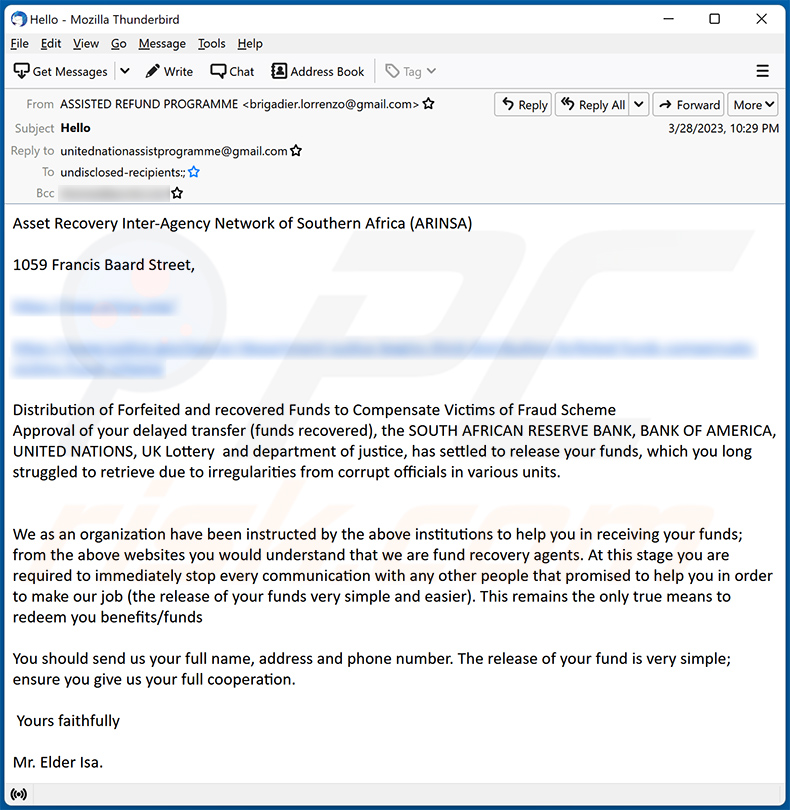 Correo electrónico fraudulento de Scam Victim Compensation Funds (2023-03-29)