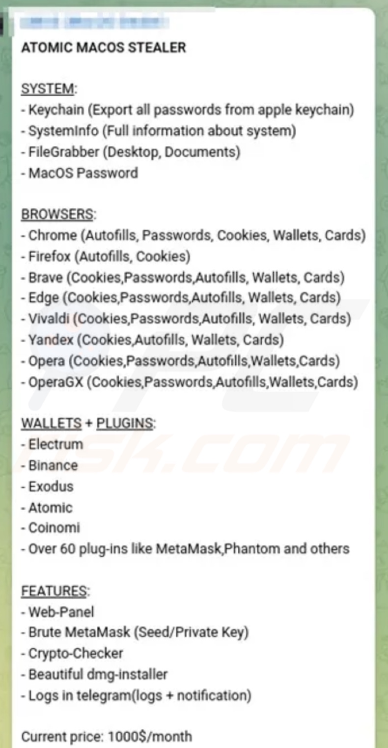 Promoción de Atomic stealer en Telegram