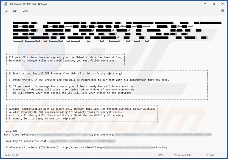 Archivo de texto del ransomware BlackByteNT (BB_Readme_3B7X0XT6.txt)