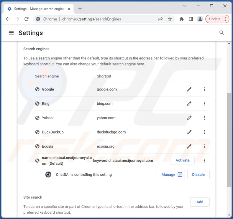 Eliminar chatsai.nextjourneyai.com del motor de búsqueda predeterminado de Google Chrome