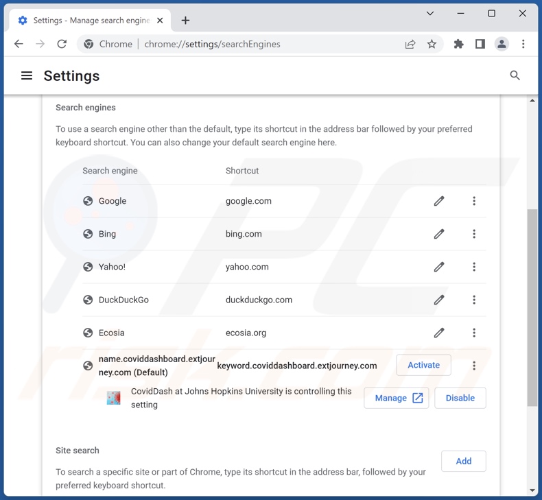 Eliminar coviddashboard.extjourney.com del motor de búsqueda predeterminado de Google Chrome