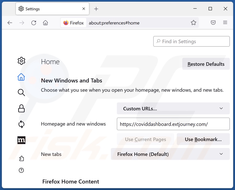 Eliminar coviddashboard.extjourney.com de la página de inicio de Mozilla Firefox
