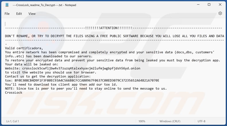 Archivo de texto del ransomware CrossLock (---CrossLock_readme_To_Decrypt---.txt)