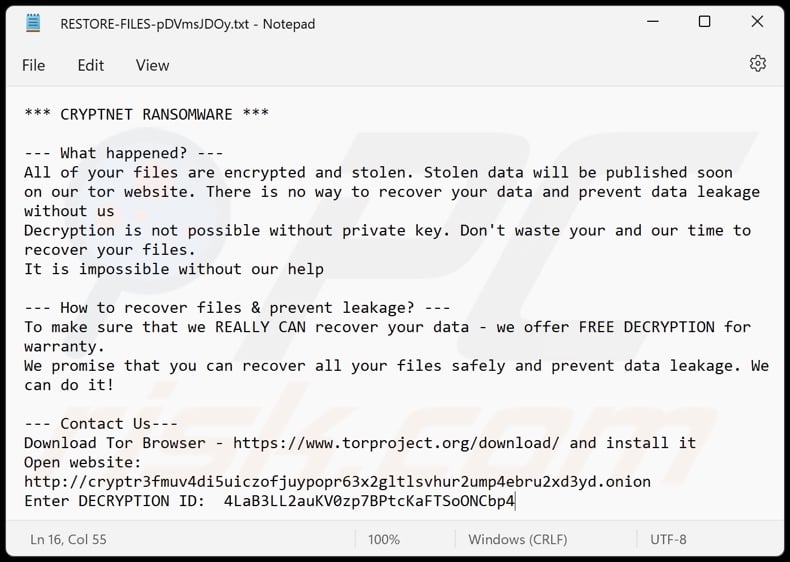 Nota de rescate del ransomware CRYPTNET (RESTORE-FILES-[caracteres_aleatorios].txt)