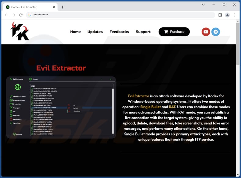 Sitio web oficial del malware Evil Extractor