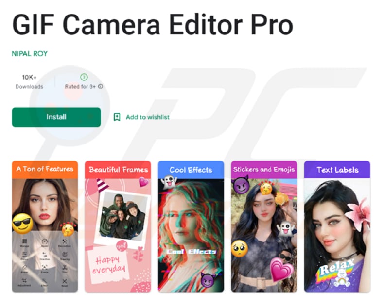 Fleckpe troyano app maliciosa ejemplo 2 (GIF Camera Editor Pro)