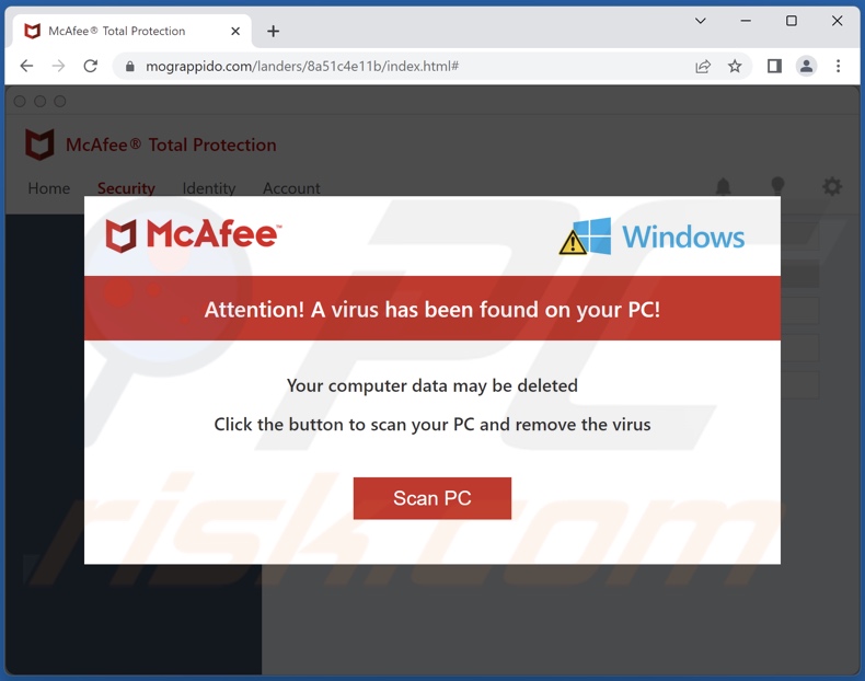 Estafa de McAfee - A Virus Has Been Found On Your PC!