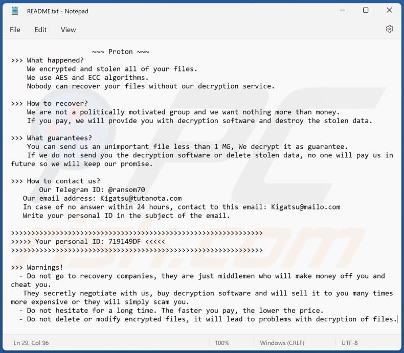 Archivo de texto del ransomware Proton (README.txt)