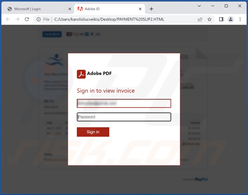 Archivo de phishing promovido por el correo electrónico fraudulento Reconfirm Shipping Documents (PAYMENT SLIP.HTML) 2