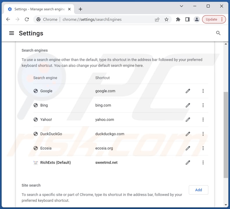 Eliminar sweetrnd.net del motor de búsqueda predeterminado de Google Chrome