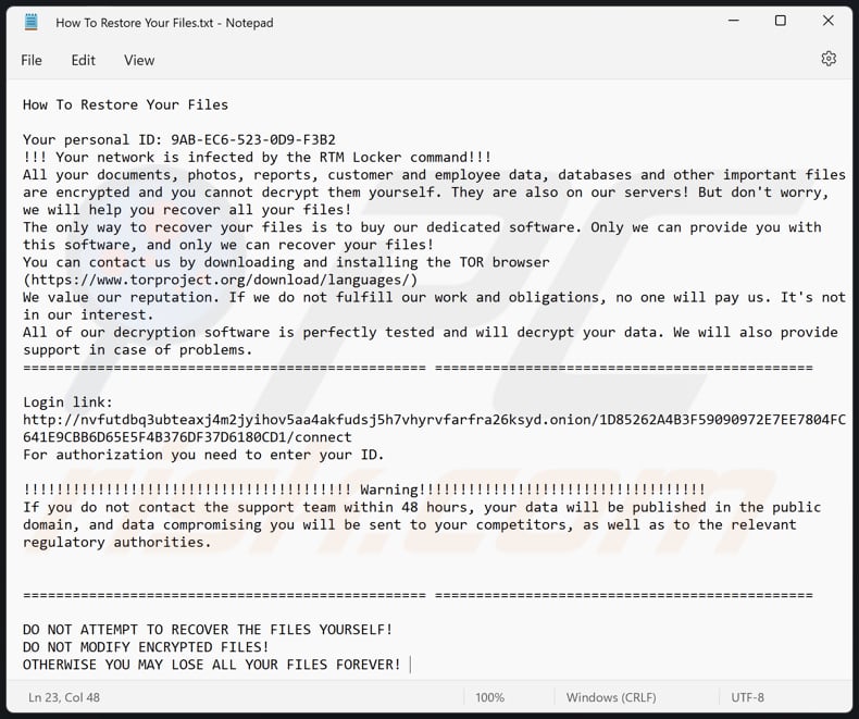 Archivo de texto del ransomware RTM Locker (How To Restore Your Files.txt)