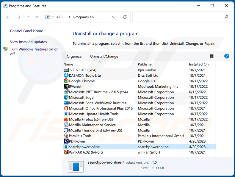 Desinstalación de searchpoweronline.com browser hijacker a través del Panel de Control