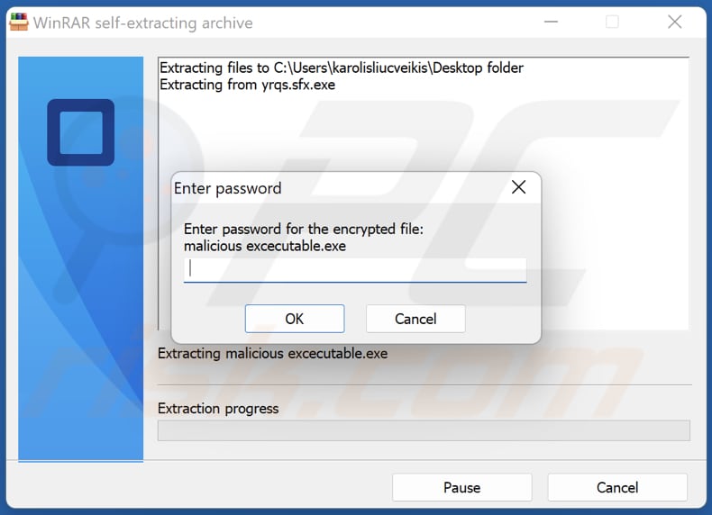 Archivo autoextraíble (SFX) Malware SFX protegido por contraseña generado con WinRAR