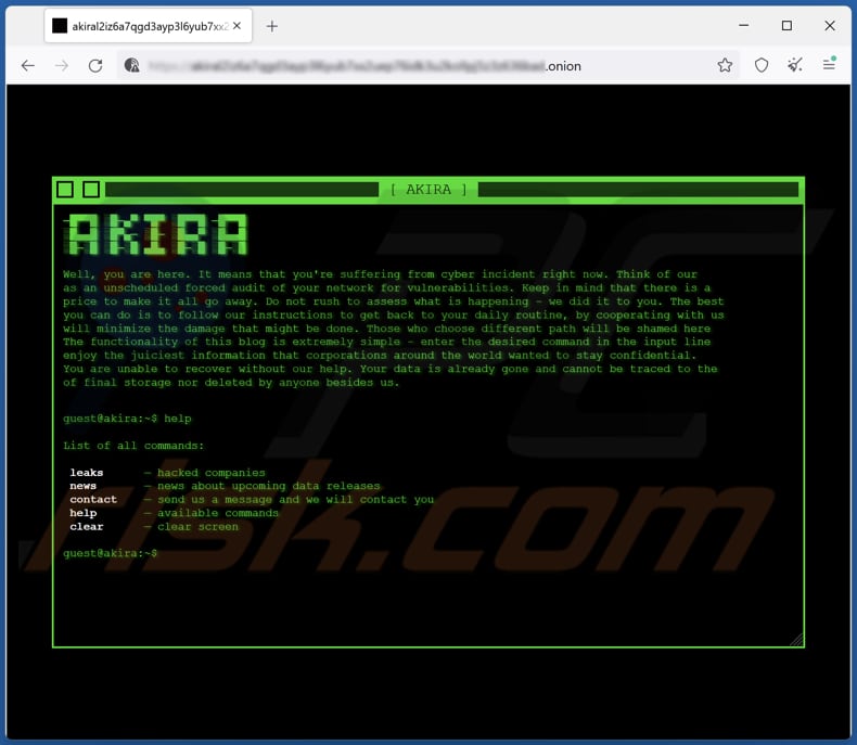 Página de filtración de datos del ransomware Akira
