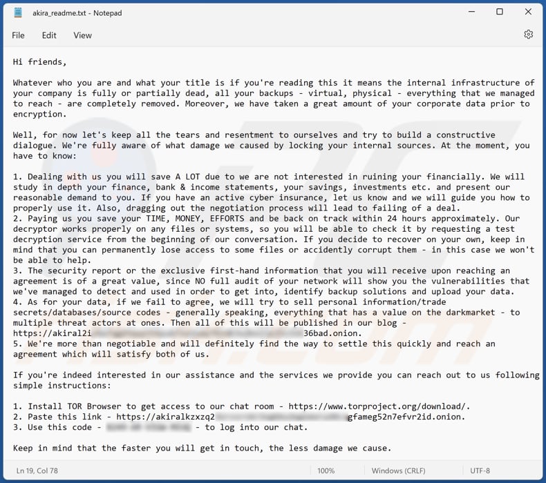 Archivo de texto del ransomware Akira (akira_readme.txt)