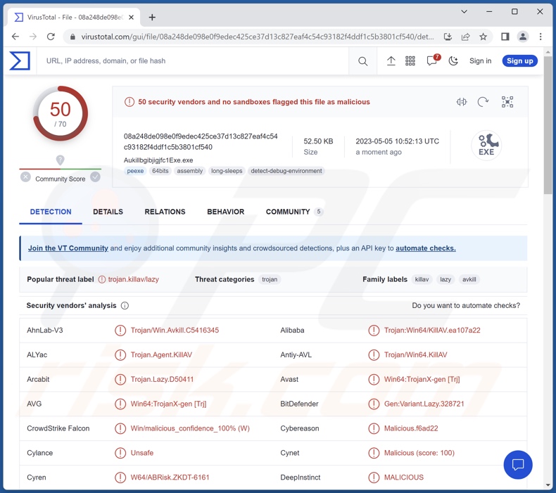 Detecciones del malware AuKill en VirusTotal