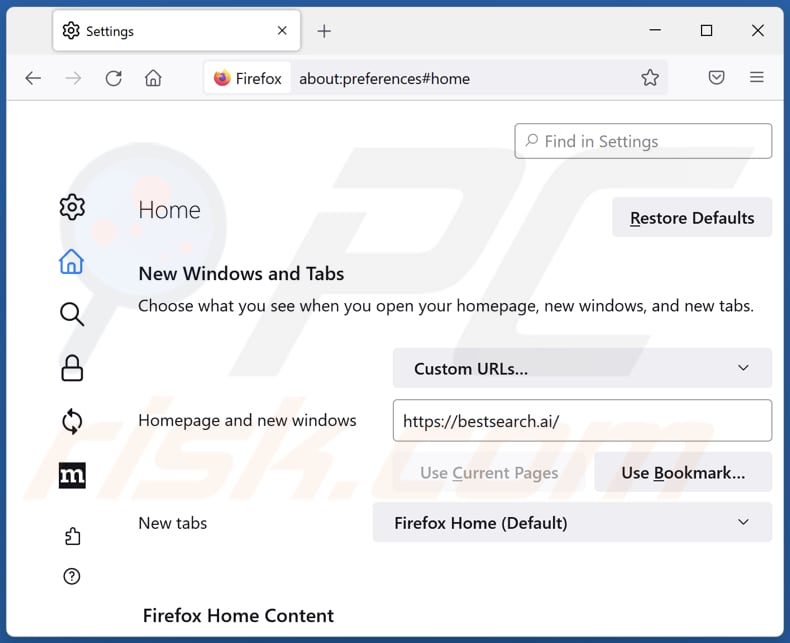 Eliminar bestsearch.ai de la página de inicio de Mozilla Firefox