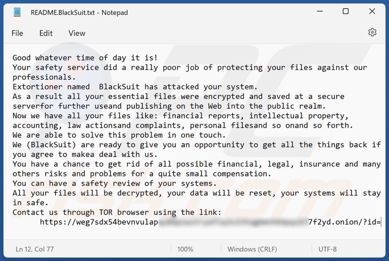 Archivo de texto del ransomware BlackSuit (README.BlackSuit.txt)