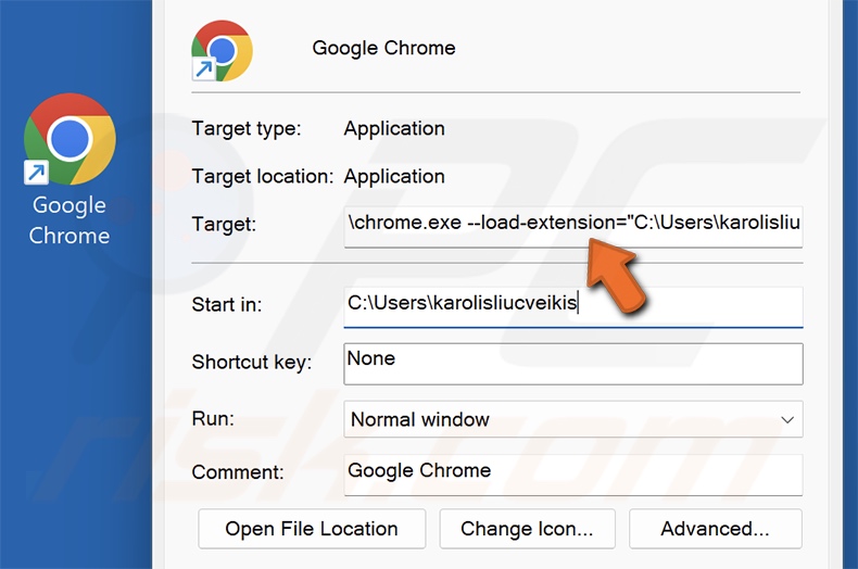 Archivo LNK modificado por un virus del acceso directo que carga extensiones de Chromium