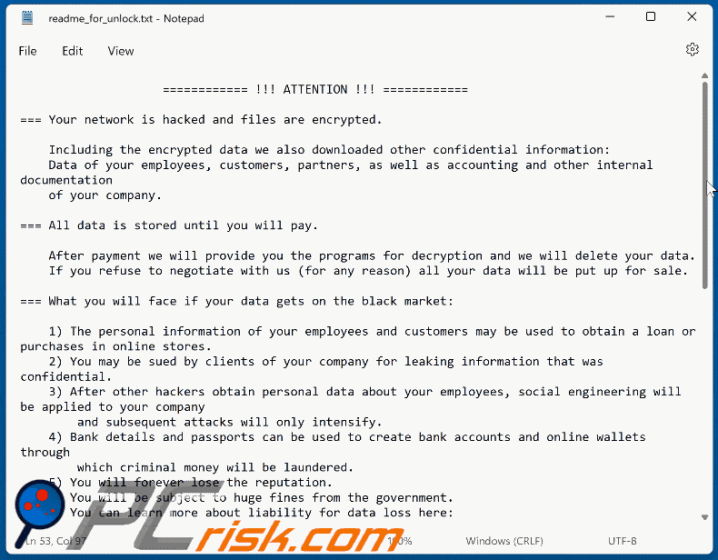 Nota de rescate del ransomware crYptA3 (readme_for_unlock.txt)