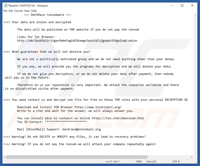 Archivo de texto del ransomware DarkRace (Readme.1352FF327.txt)