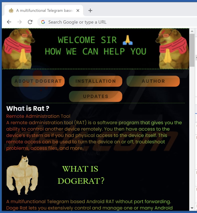 Sitio web que promociona el malware DogeRAT