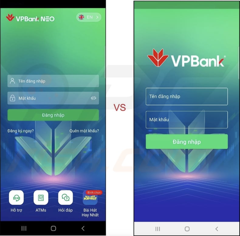 Aplicación VPBank legítima del malware FluHorse a la izquierda y VPBank falsa a la derecha.