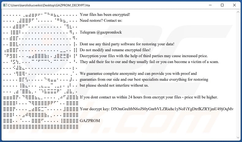 Archivo html del ransomware GAZPROM (DECRYPT_GAZPROM.html)