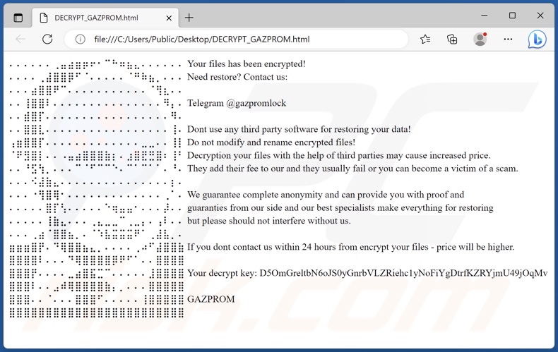 Nota de rescate del ransomware GAZPROM (