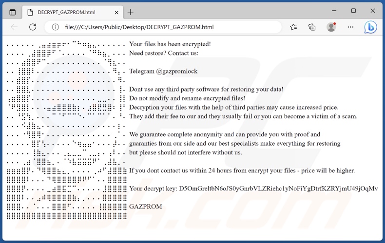 Nota de rescate del ransomware GAZPROM (