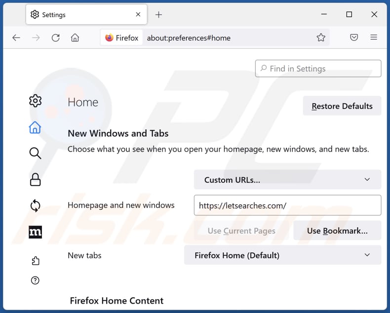 Eliminar letsearches.com de la página de inicio de Mozilla Firefox