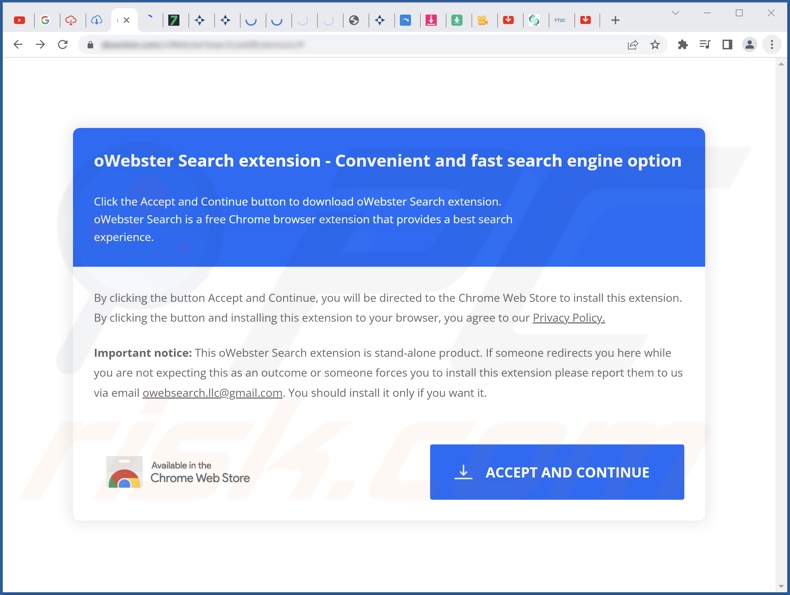 Sitio web engañoso utilizado para promocionar el secuestrador del navegador oWebster Search