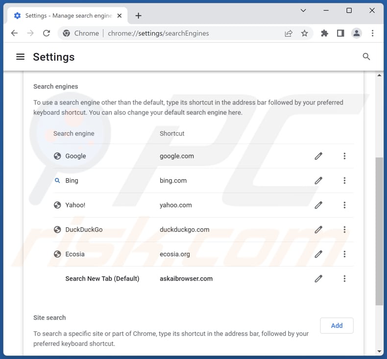 Eliminar askaibrowser.com del motor de búsqueda predeterminado de Google Chrome