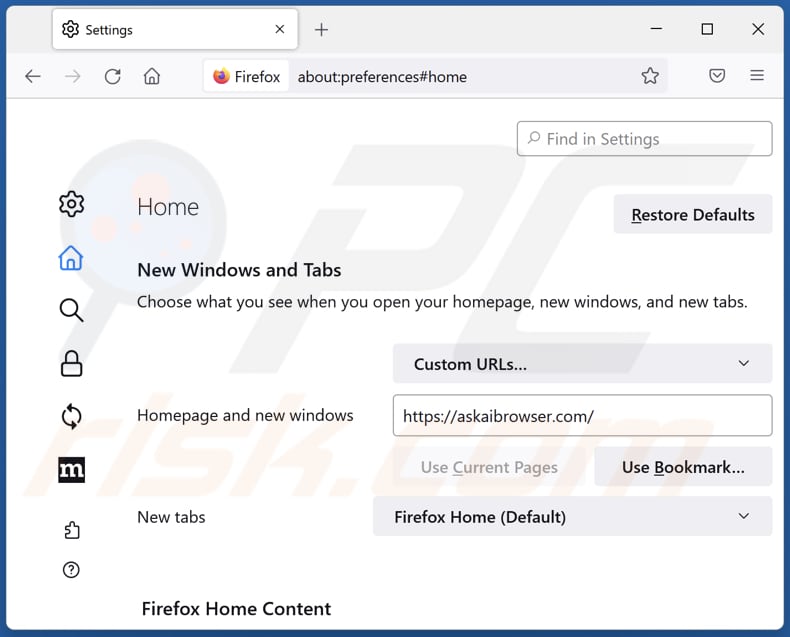 Eliminar askaibrowser.com de la página de inicio de Mozilla Firefox