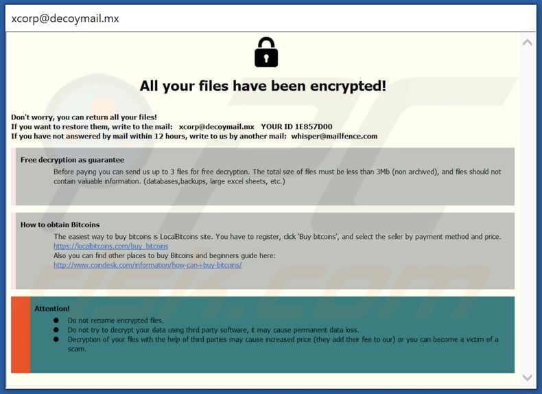 Nota de rescate del ransomware xCor en una ventana emergente