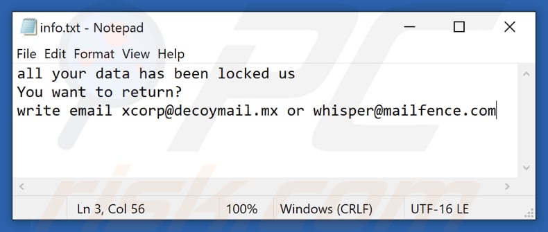 Archivo txt del ransomware xCor (info.txt)