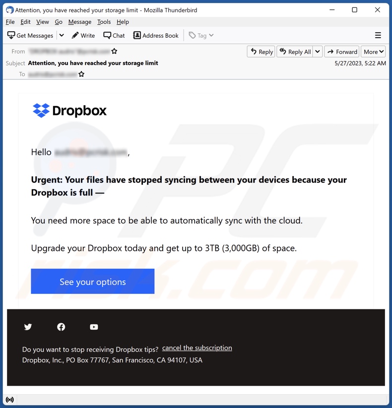 Campaña de spam por correo electrónico de Dropbox Is Full