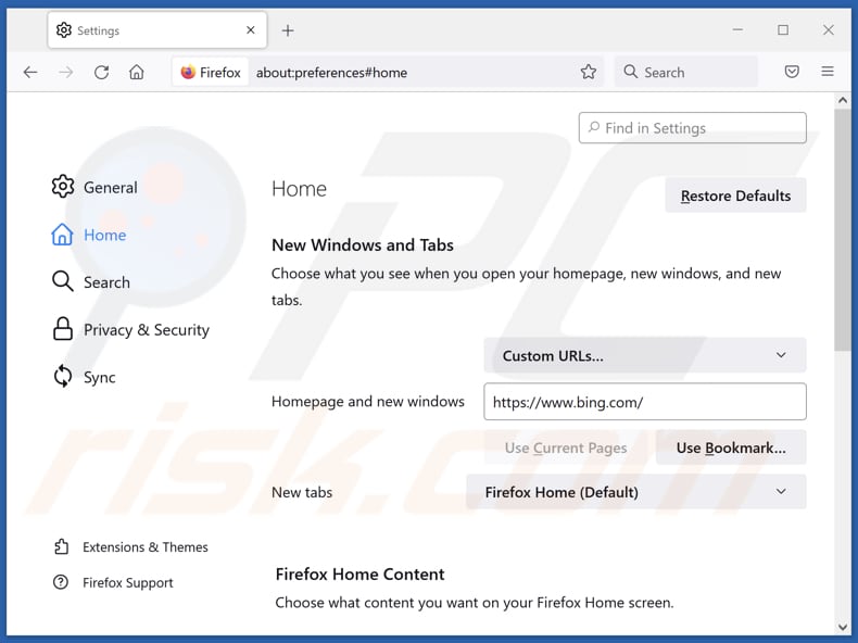 Eliminar bing.com de la página de inicio de Mozilla Firefox