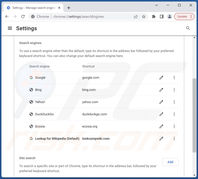 Eliminar lookcompwiki.com del motor de búsqueda predeterminado de Google Chrome