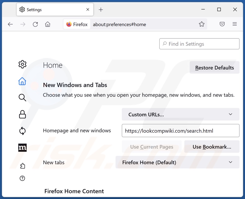 Eliminar lookcompwiki.com de la página de inicio de Mozilla Firefox
