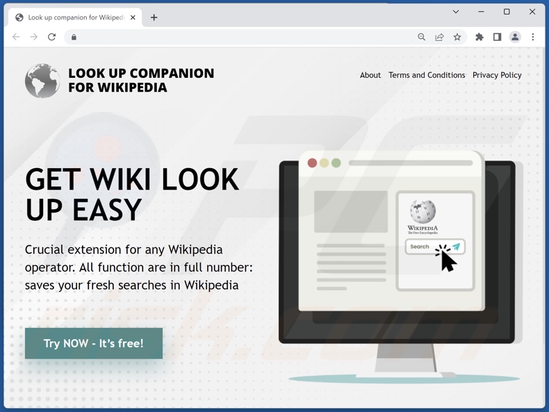 Sitio web utilizado para promocionar el secuestrador del navegador Lookup for Wikipedia