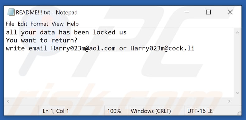 Archivo de texto del ransomware NBR (README!!!.txt)