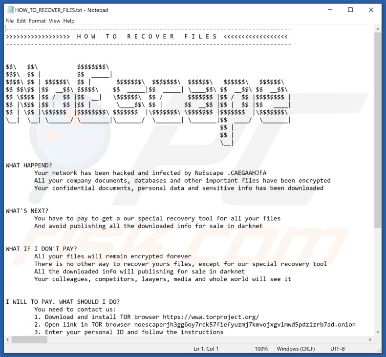 Archivo de texto del ransomware NoEscape (HOW_TO_RECOVER_FILES.txt)