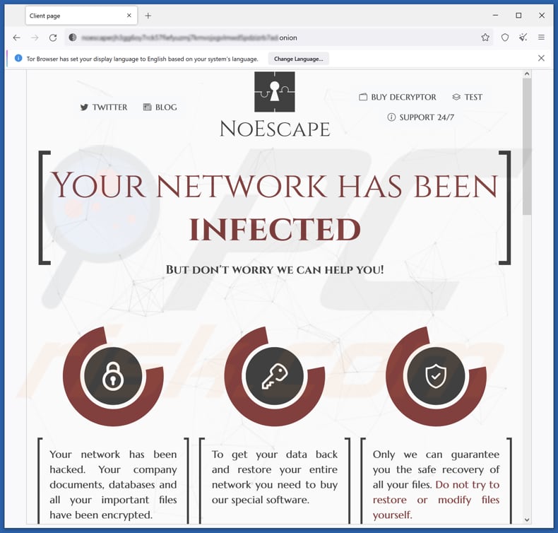Página web de NoEscape ransomware Tor
