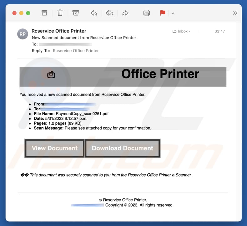 Campaña de spam malicioso de Office Printer