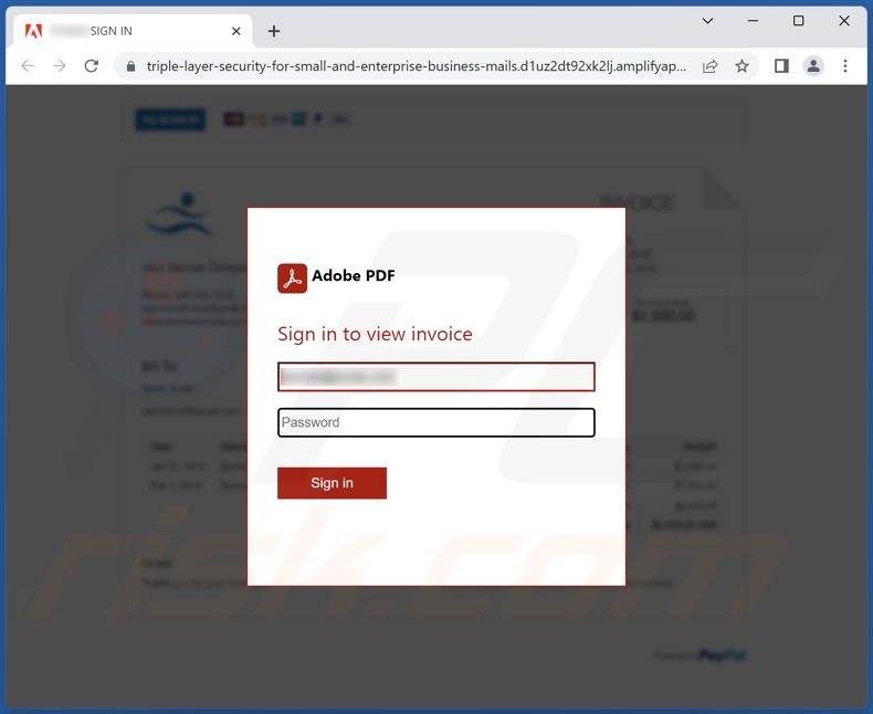 Sitio de phishing promocionado por el correo electrónico fraudulento de Adobe Sign